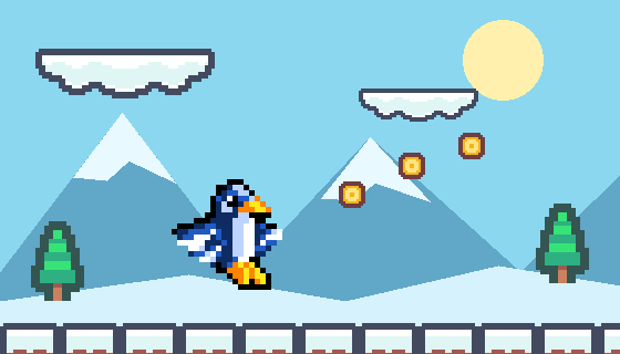 A penguin gliding through clouds toward a trail of gold coins
